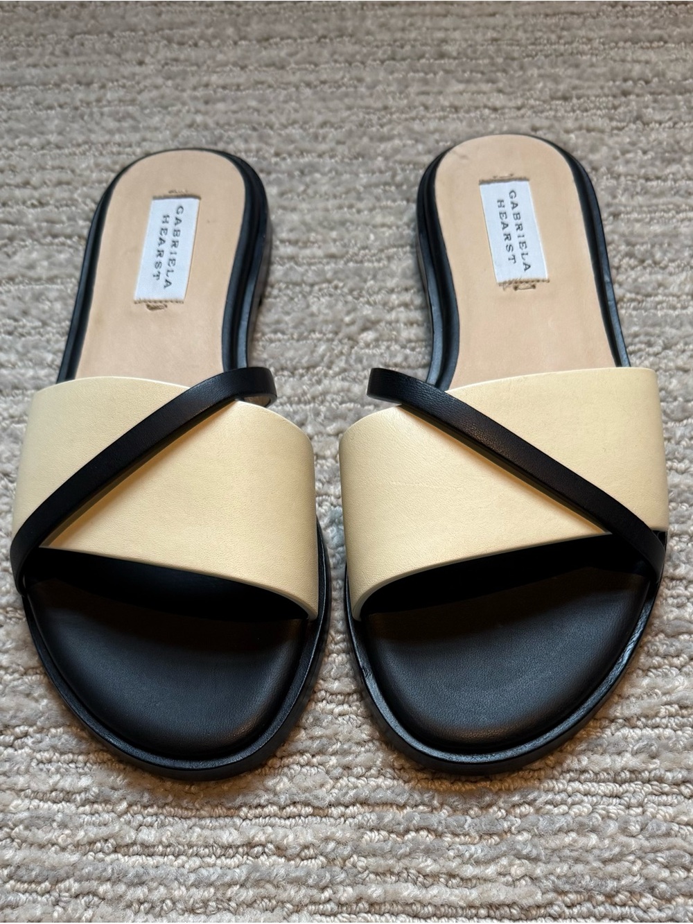 Gabriela Hearst Cream and Black Cross-Strap Slide Sandals